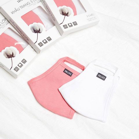 KBAC0001-O1-2002 KHẨU TRANG TRẺ EM 3 LỚP COTTON COMBO TRẮNG & HỒNG