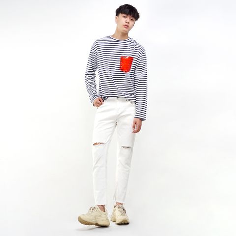 MCTS0016-T1-V001 ÁO T-SHIRT NAM DÀI TAY PHỐI TÚI SILICON KẺ TRẮNG