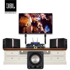 Dàn Karaoke SP008960: Loa JBL Ki512, Cục đẩy Wharfedale Pro DP-4030, Mixer JBL KX180A, Micro không dây JBL VM300 và Loa Sub Polk Audio HTS 12