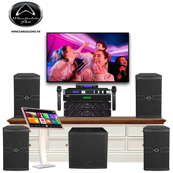 Dàn Karaoke SP009076: 2 cặp Loa Wharfedale Pro ANGLO X10, 2 Cục đẩy Wharfedale Pro XR 1500, Mixer JBL KX180A, Micro không dây JBL VM300, Loa Sub Wharfedale Pro DELTA AX15B, Đầu karaoke VIETK KTV PLUS 4K 4TB, Màn hình VIETK cảm ứng điện dung 22 inch