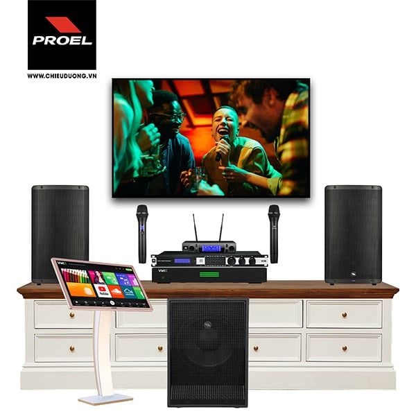 Dàn Karaoke SP009163: 2 Loa PROEL DIVA12A, Mixer JBL KX180A, Micro không dây JBL VM300, Loa Sub PROEL S12A, Đầu karaoke VIETK KTV PLUS 4K 4TB, Màn hình Karaoke VIETK cảm ứng điện dung 22 inch