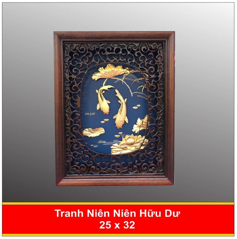  Tranh Cá Chép Hoa Sen Mạ Vàng 24K - 2633 Phú Quý Hưu Dư 