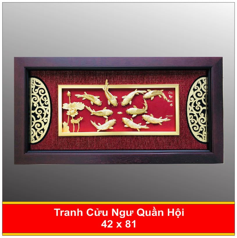  Tranh Cửu Ngư Quần Hội Mạ Vàng 24K - 4281 Nền Xanh 