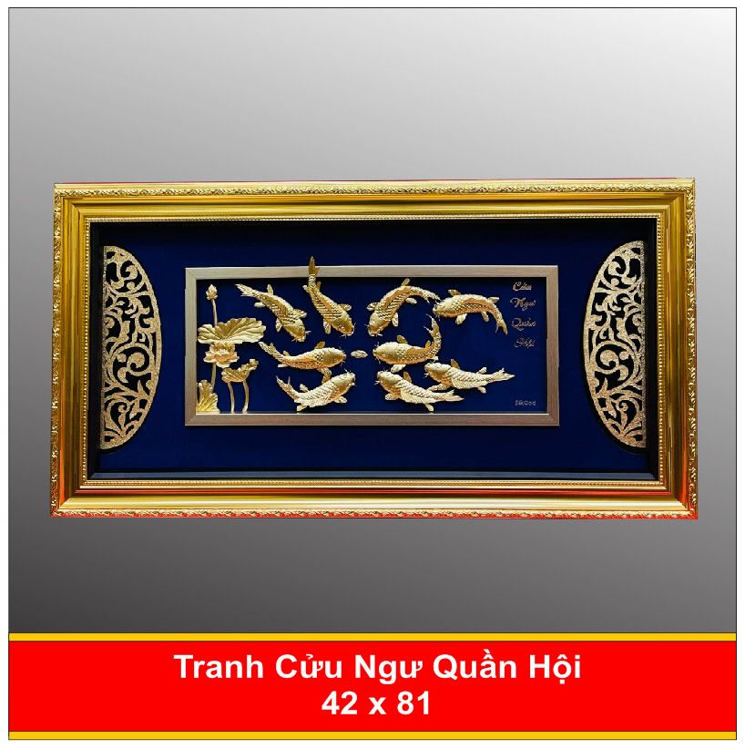  Tranh Cửu Ngư Quần Hội Mạ Vàng 24K - 4281 Nền Xanh 