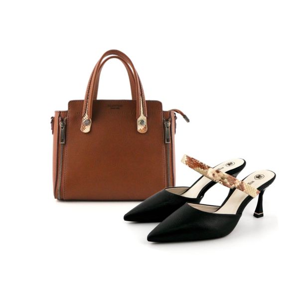  Set Túi Và Guốc Vân Rắn Vàng Nâu 
