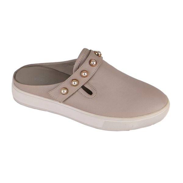  Giày Da Nữ Mule Đính Hạt Cườm Kem 593.6 