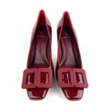  Giày Cao Gót Da Nơ Vuông Đỏ Mận Bóng 82M.5 