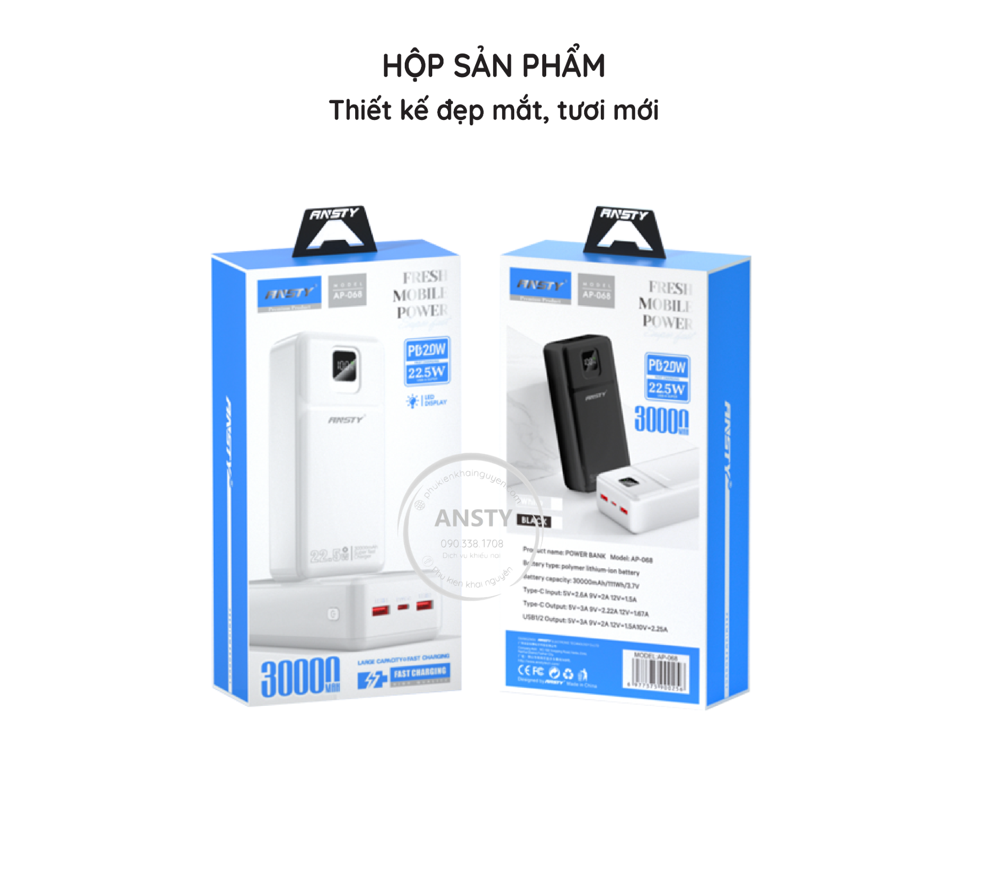 Pin Dự Phòng Ansty Ap - 068 2 Cổng Usb 1 Cổng Type PD 22.5W + 20W