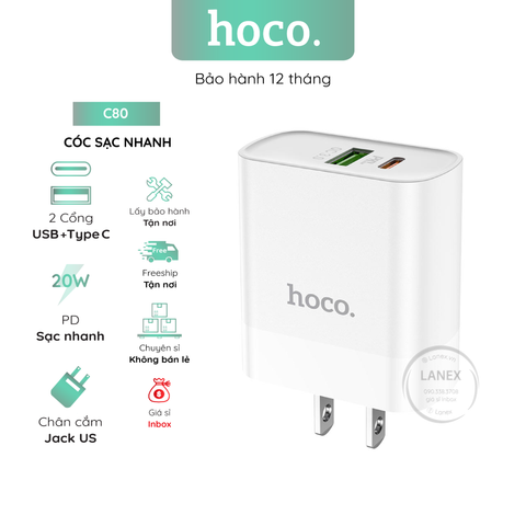 Cóc Sạc Nhanh Hoco C80 1 Cổng Usb 3.0a Pd Qc3.0 20w