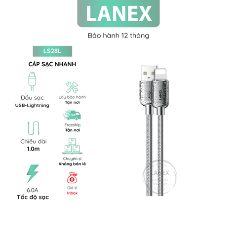 Cáp Sạc Nhanh Lanex Ls28l Nhựa Pvc Lightning 6.0a Dài 1.0m