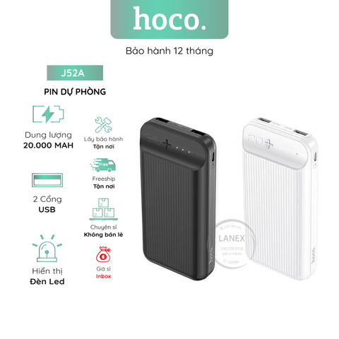 Pin Dự Phòng Hoco J52a Polymer A+ 2 Cổng Usb 2.0a 20000mah Đèn Led