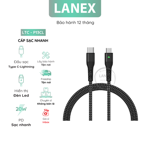 Cáp Sạc Nhanh Lanex Ltc - P13cl Dây Dù Có Led Type C To Lightning Pd Qc3.0 20w Dài 1.0m