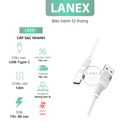 Cáp Sạc Nhanh Lanex Ls25c Nhựa Silicon Type C 5.0a Dài 1.0m