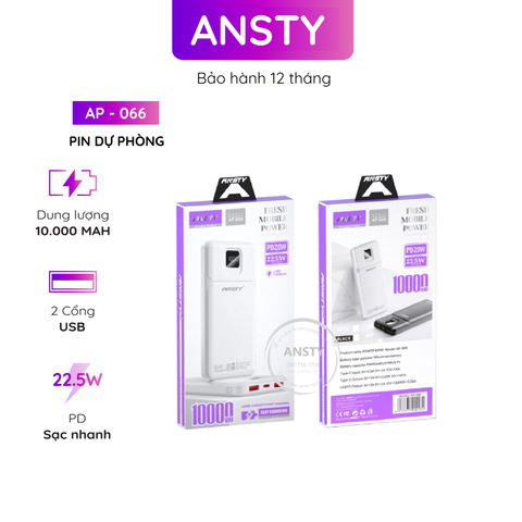 Pin Dự Phòng Ansty Ap - 066 2 Cổng Usb 1 Cổng Type PD 22.5W + 20W 10000mAh Màn Hình Led