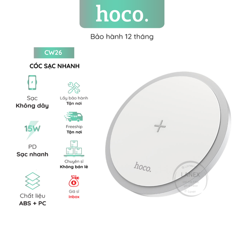 Cóc Sạc Nhanh Hoco Cw26 Đế Không Dây 15w 2 In 1 Cho Điện Thoại / Airpods 1m