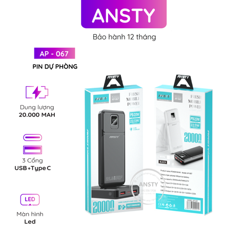 Pin Dự Phòng Ansty Ap - 067 2 Cổng Usb 1 Cổng Type PD 22.5W + 20W 20000mAh Màn Hình Led