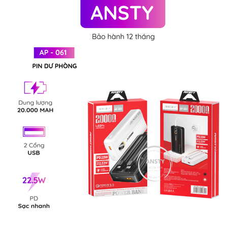Pin Dự Phòng Ansty Ap - 061 Cáp 2 In 1 ( Type C Lightning ) 1 Type C 1 Lightning PD 22.5W + 20W 20000mAh Màn Hình Led