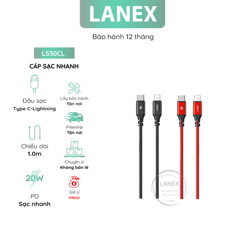 Cáp Sạc Nhanh Lanex Ls30cl Dây Dù Type C To Lightning 3.0a Pd 20w Dài 1.0m