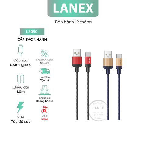 Cáp Sạc Nhanh Lanex Ls03c Dây Dù Type C 3.0a Dài 1.0m