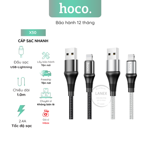 Cáp Sạc Nhanh Hoco X50 Nylon Lightning 2.4a Dài 1.0m