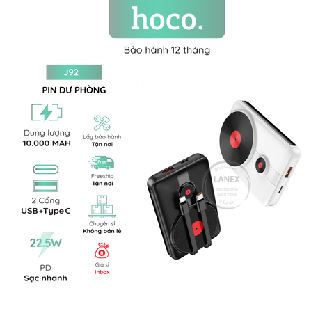 Pin Dự Phòng Hoco J92 Polymer 1 Cổng Usb 1 Cổng Type C Pd Qc3.0 22.5w Tích Hợp Sạc Không Dây 15w 10000mah Màn Hình Led