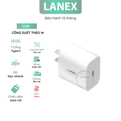 Cóc Sạc Nhanh Lanex Lc08 1 Cổng Type C 20w