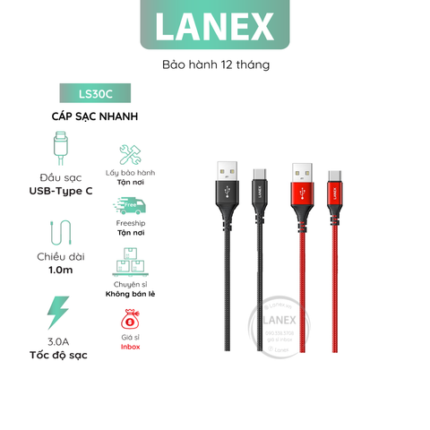 Cáp Sạc Nhanh Lanex Ls30c Dây Dù Type C 3.0a Dài 1.0m