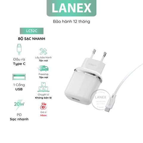 Bộ Sạc Nhanh Lanex Lc32c 1 Cổng Usb Type C Qc3.0 20w Dài 1.0m