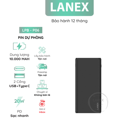 Pin Dự Phòng Lanex Lp06 Polymer A+ 2 Cổng Usb 2.1a 10000mah Màn Hình Led