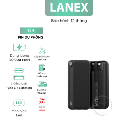 Pin Dự Phòng Lanex N4 2 In 1 ( Type C Lightning ) 1 Type C 1 Lightning 2.1A 20000mAh Màn Hình Led