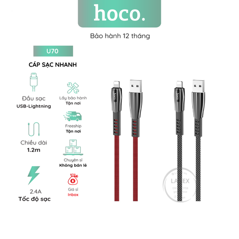 Cáp Sạc Nhanh Hoco U70 Dây Dù Lightning 2.4a Dài 1.2m
