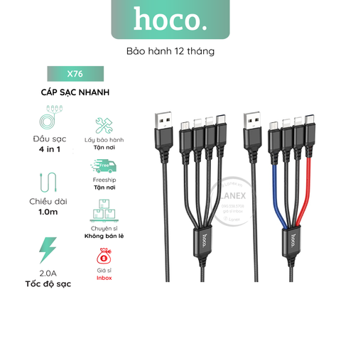 Cáp Sạc Nhanh Hoco X76 Nylon 2.0a 4 In 1 ( 2 Cổng Lightning Type C Micro ) Dài 1.0m