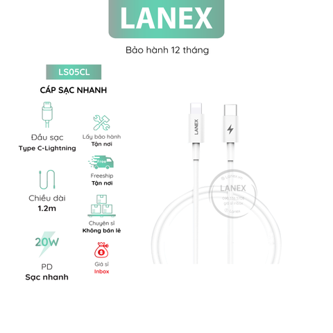 Cáp Sạc Nhanh Lanex Ls05cl Nhựa Tpe Type C To Lightning 3.0a Pd 20w Dài 1.2m