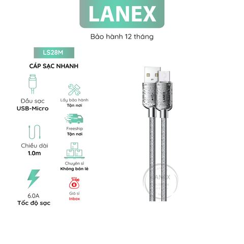Cáp Sạc Nhanh Lanex Ls28m Nhựa Pvc Micro 6.0a Dài 1.0m