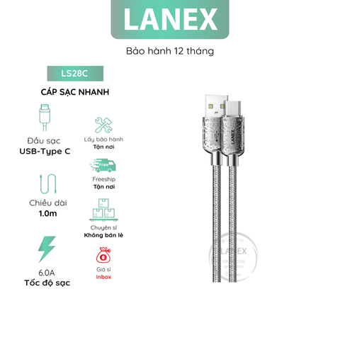 Cáp Sạc Nhanh Lanex Ls28c Nhựa Pvc Type C 6.0a Dài 1.0m