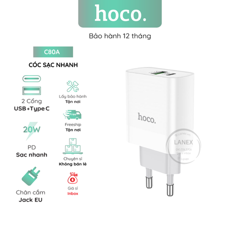 Cóc Sạc Nhanh Hoco C80a 1 Cổng Usb Pd Qc3.0 20w