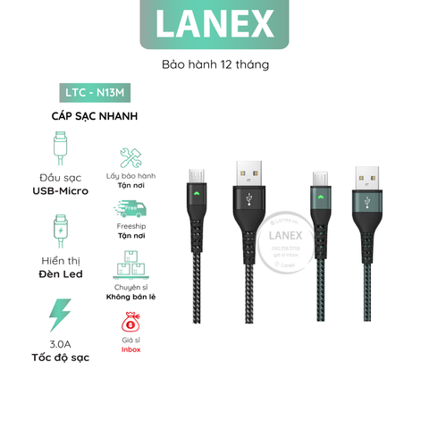 Cáp Sạc Nhanh Lanex Ltc - N13m Dây Dù Có Led Micro 3.0a Dài 1.0m