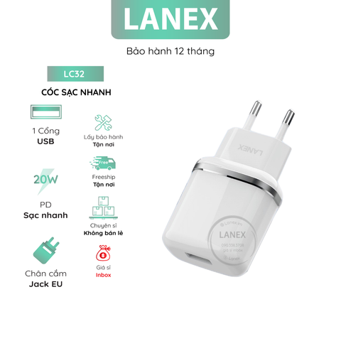 Cóc Sạc Nhanh Lanex Lc32 1 Cổng Usb Qc 3.0 20w