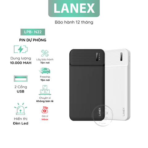 Pin Dự Phòng Lanex Lpb - N22 2 Cổng Usb 2.1a 10000mah Đèn Led