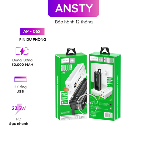 Pin Dự Phòng Ansty Ap - 062 Cáp 2 In 1 ( Type C Lightning ) 1 Type C 1 Lightning PD 22.5W + 20W 30000mAh Màn Hình Led