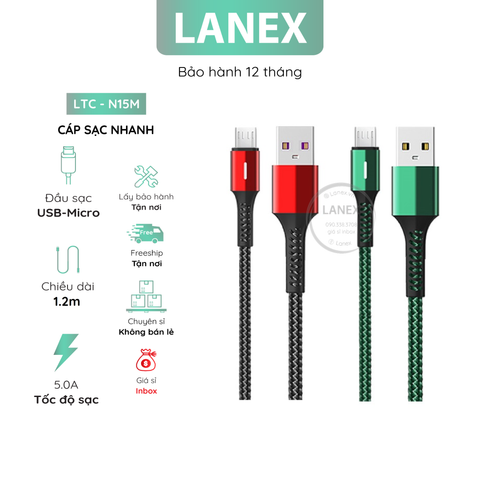 Cáp Sạc Nhanh Lanex N15m Dây Dù Tự Ngắt Có Led Micro 5.0a Dài 1.2m