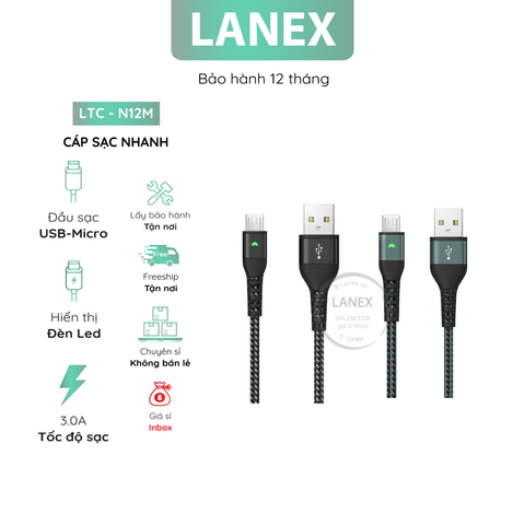 Cáp Sạc Nhanh Lanex Ltc - N12m Dây Dù Có Led Micro 3.0a Dài 0.25m