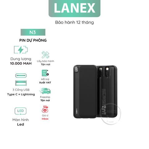 Pin Dự Phòng Lanex N3 2 In 1 ( Type C Lightning ) 1 Type C 1 Lightning 2.1A 10000mAh Màn Hình Led