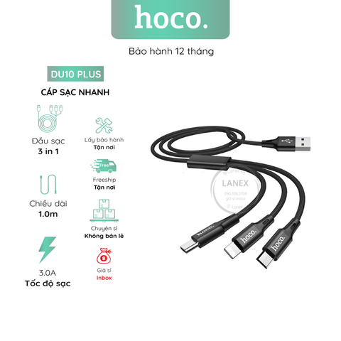 Cáp Sạc Nhanh Hoco Du10 Plus Dây Dù 3.0a 3 In 1 Dài 1.0m