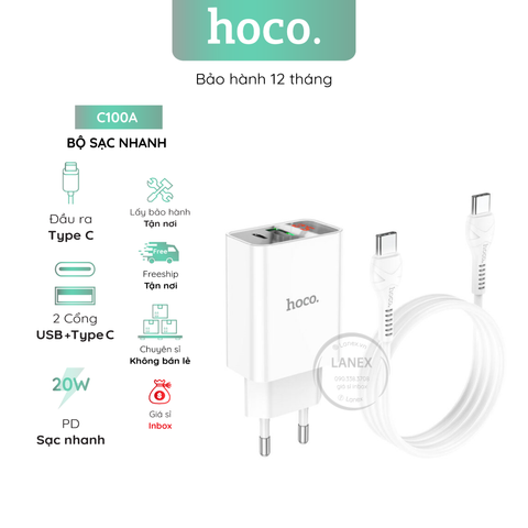 Bộ Sạc Nhanh Hoco C100A 1 Cổng Usb Type C To Type C 3.0a Pd Qc3.0 20w Màn Hình Led Dài 1.0m