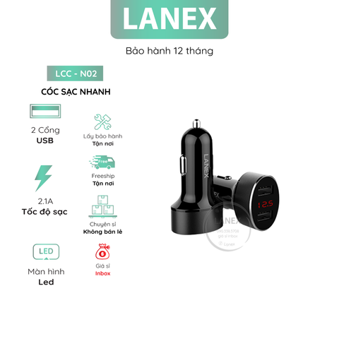 Cóc Sạc Nhanh Lanex Lcc - N02 Xe Hơi 2 Cổng Usb 2.1a Màn Hình Led