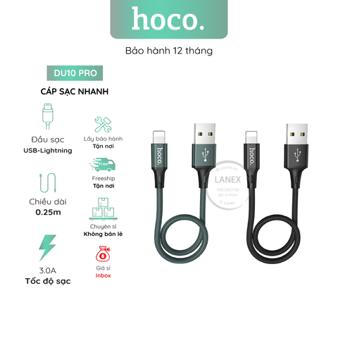 Cáp Sạc Nhanh Hoco Du10 Pro Dây Dù Lightning 3.0a Dài 0.25m