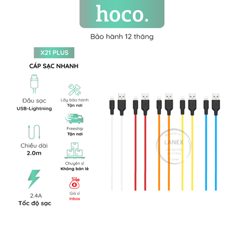 Cáp Sạc Nhanh Hoco X21 Plus Nhựa Silicon Lightning 2.4a Dài 2m