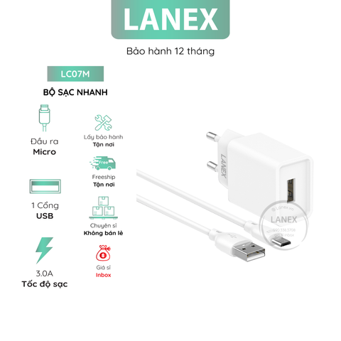 Bộ Sạc Nhanh Lanex Lc07m 1 Cổng Usb Micro 2.4a Dài 1.0m