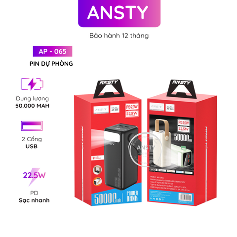 Pin Dự Phòng Ansty Ap - 065 2 Cổng Usb 1 Cổng Type PD 22.5W + 20W 50000mAh Màn Hình Led